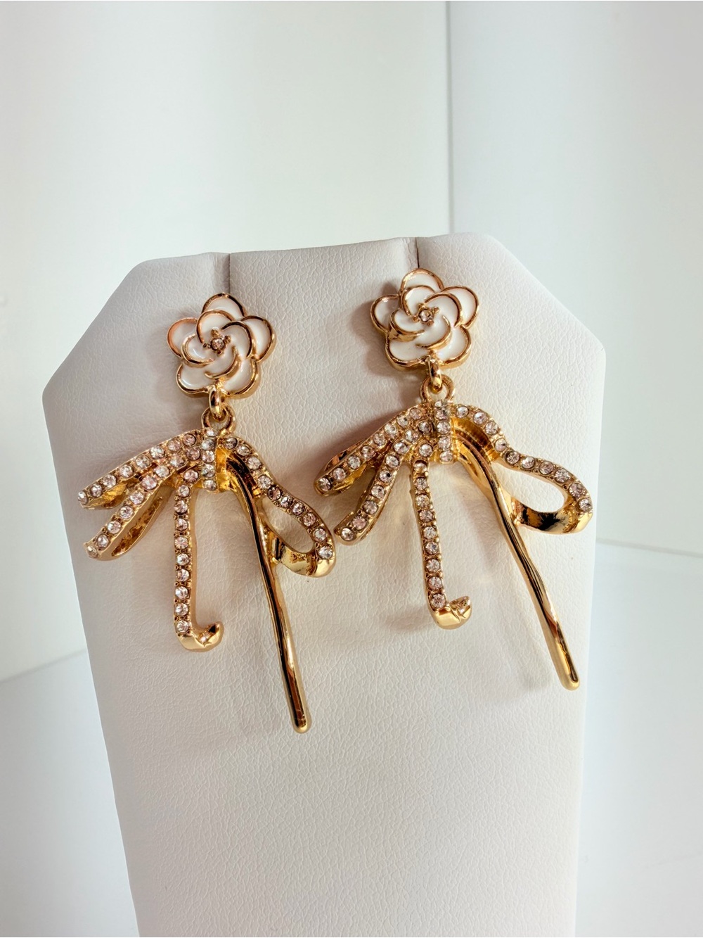 Gold Floral Bow Drop Earrings - White Flower Design